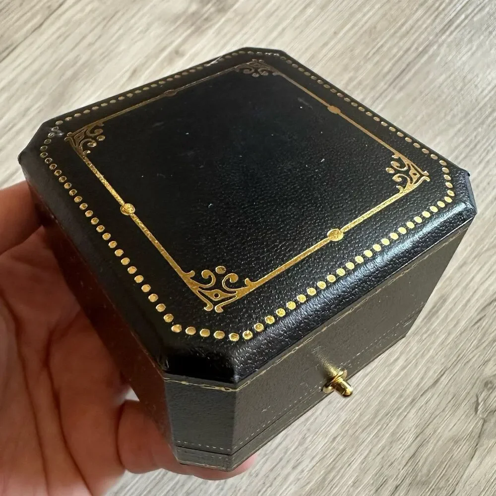 Antique Style Merlot Velvet Lined Gold Button Release Ring Box Queen May Jewelry